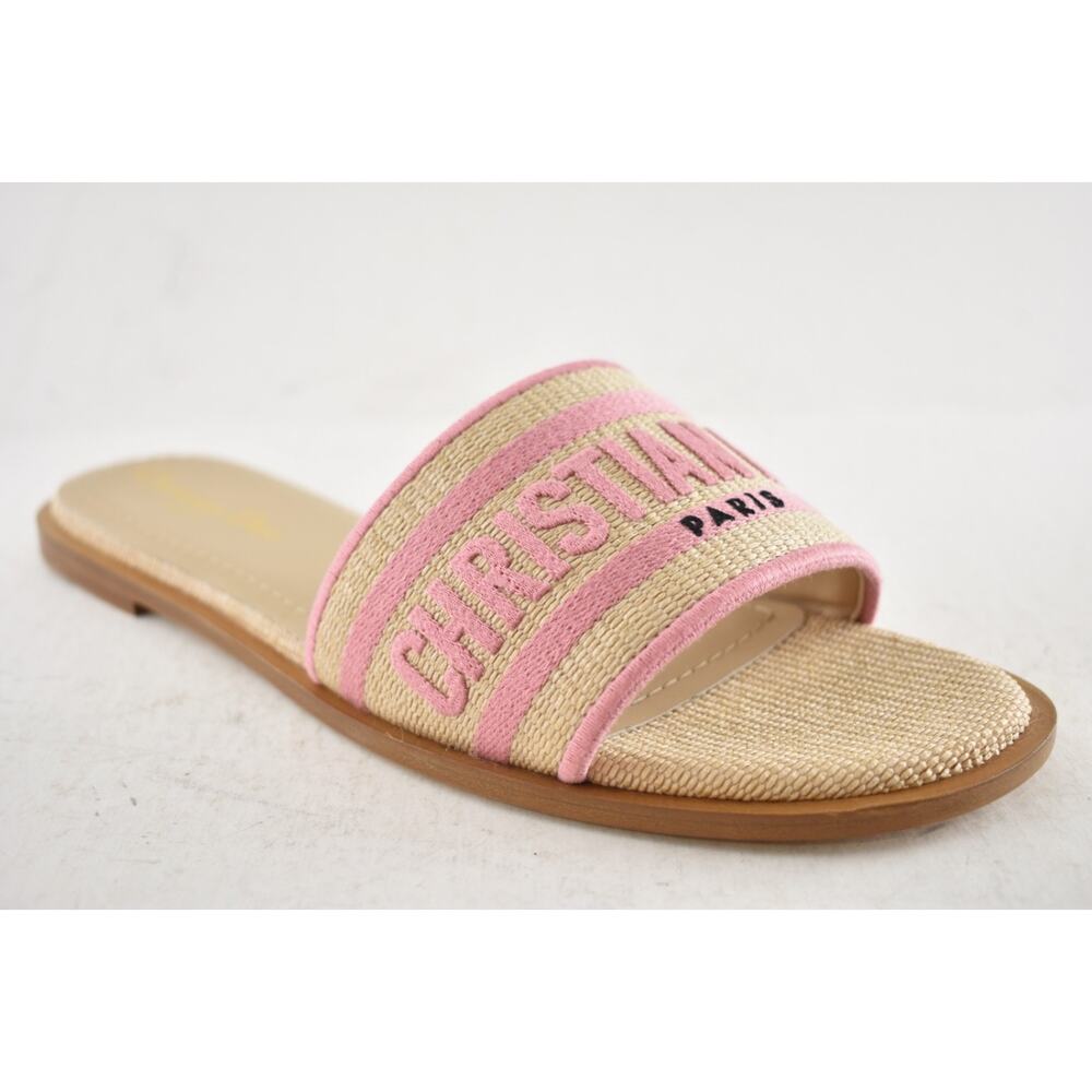 Christian Dior Dway Rose Begonia Pink Raffia Beige Logo Slide Flat Sandal 38.5 - Picture 5 of 13